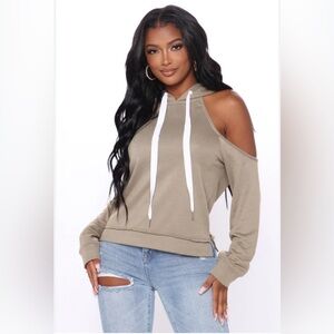 FASHION NOVA Sleeve Some Room Cold Shoulder Hoodie - Olive